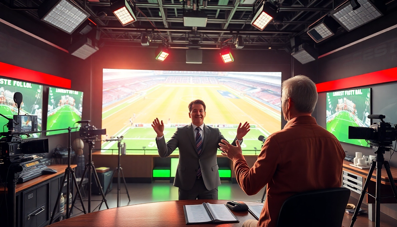 Engaging host in sports broadcasting studio showcasing live events and modern equipment.