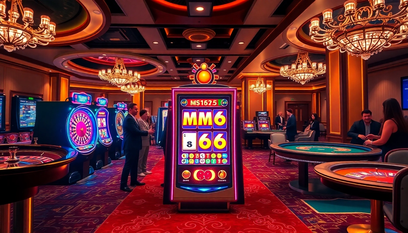 Experience the thrill of mm66 slot with players celebrating wins in a vibrant casino backdrop.