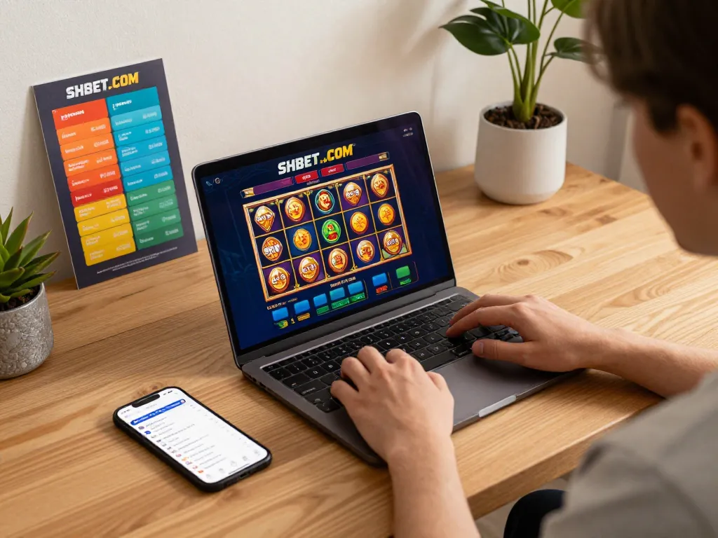 Player enjoying games on SHBET .COM laptop at home, showcasing strategic online gambling.