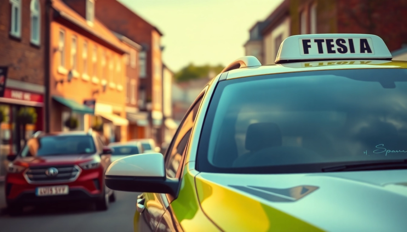 Taxi service in west Byfleet showcasing a sleek vehicle against a vibrant town backdrop.