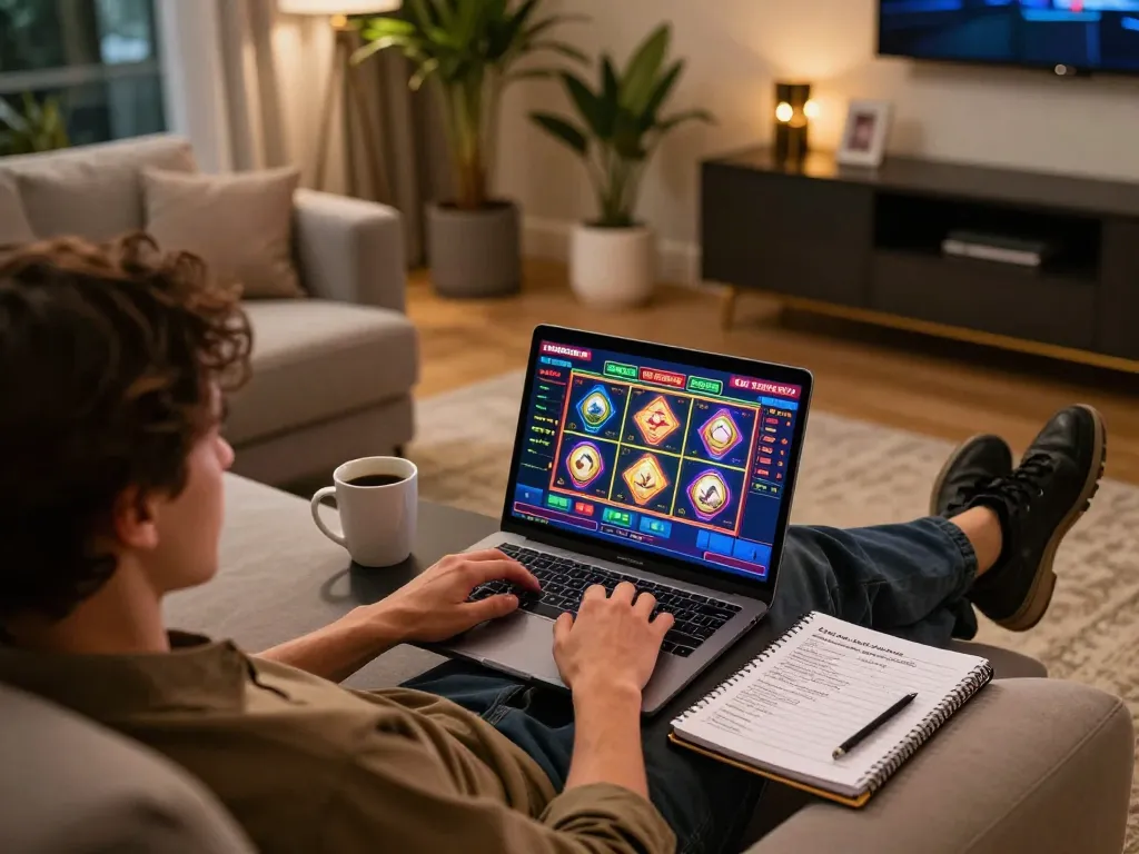 X88 gaming experience at home with a vibrant online slots interface displayed on laptop.