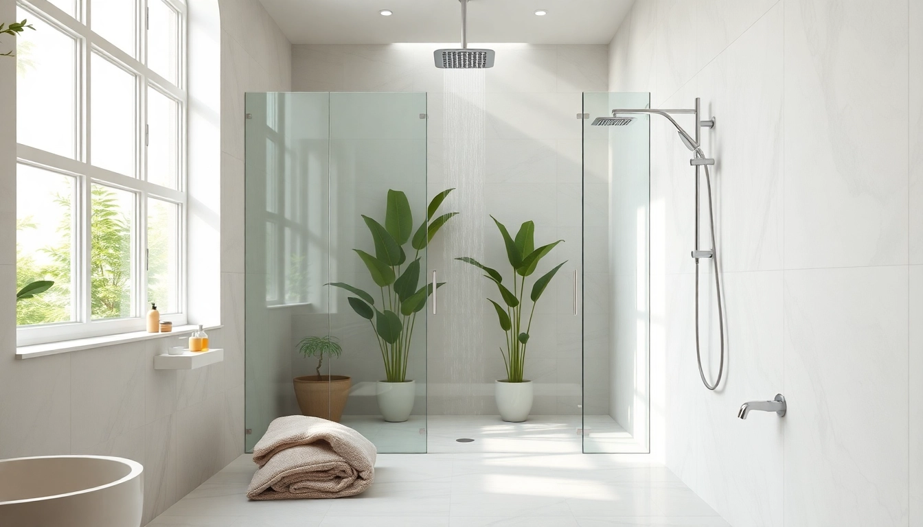 Experience the tranquility of elegant showers in a sleek modern bathroom with natural light and greenery.