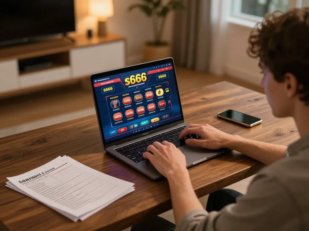 Player engaging with s666 online casino on laptop in cozy home atmosphere