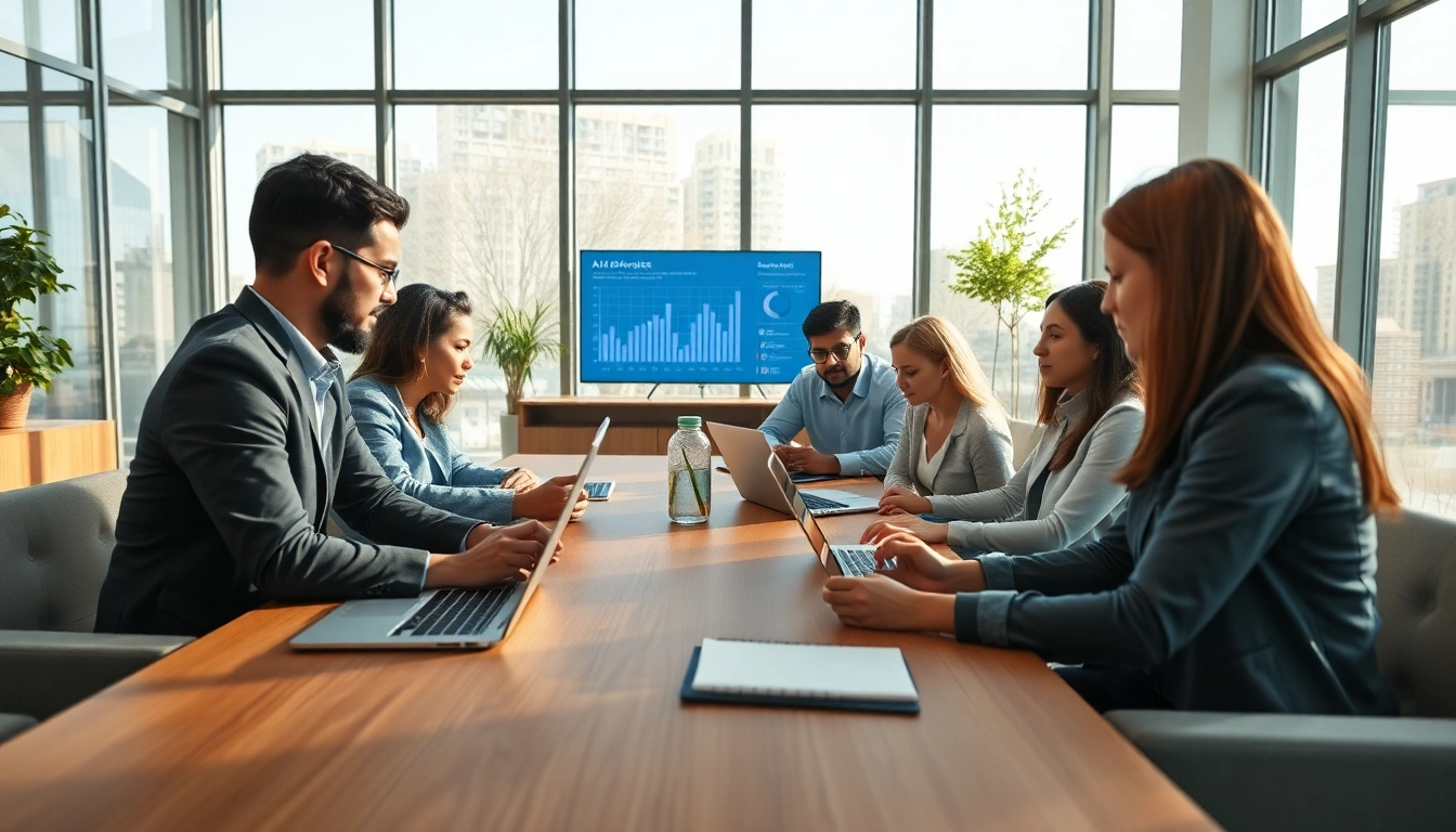 Dynamic professionals discussing innovative strategies for ai +18 technologies in a modern office setting.