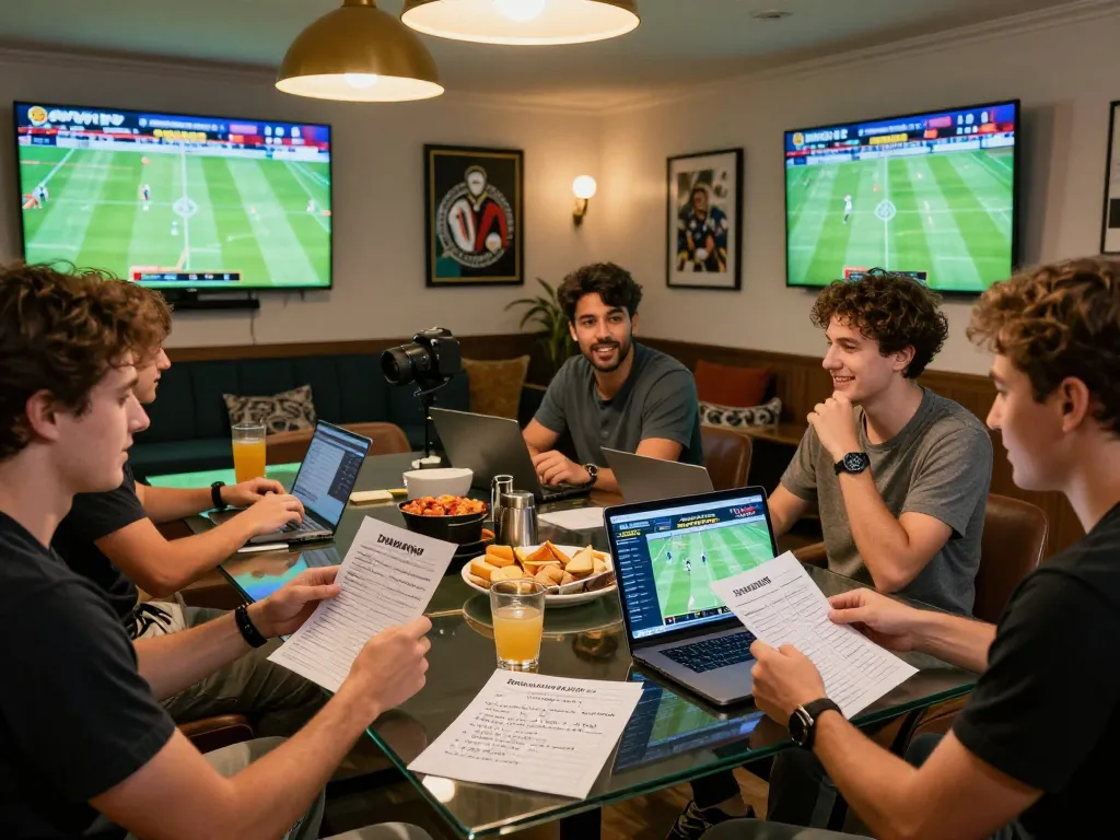 Join the excitement of sports betting at DH88, friends examining their betting slips in a cozy lounge.