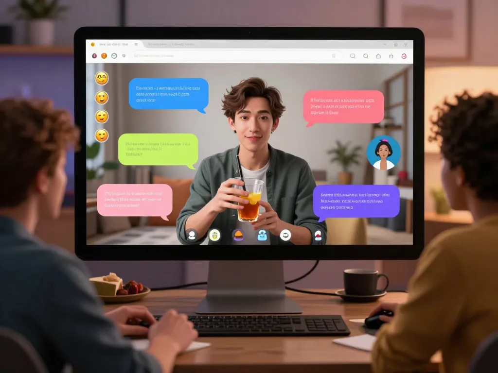 Engaging sexchat scene depicting diverse avatars in a cozy and inviting chatroom setting, showcasing friendly conversations.