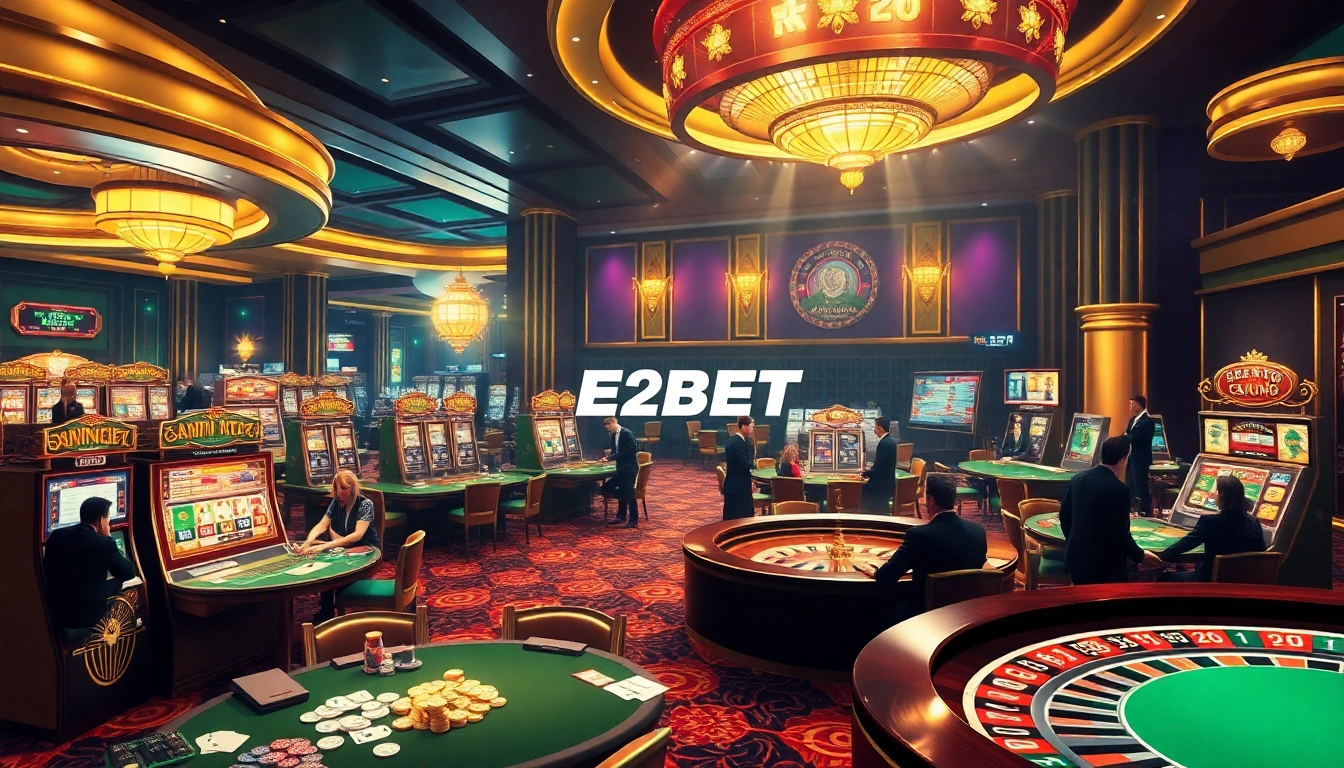 E2BET trang chủ featuring an exciting casino scene with vibrant tables, slot machines, and engaging gameplay.