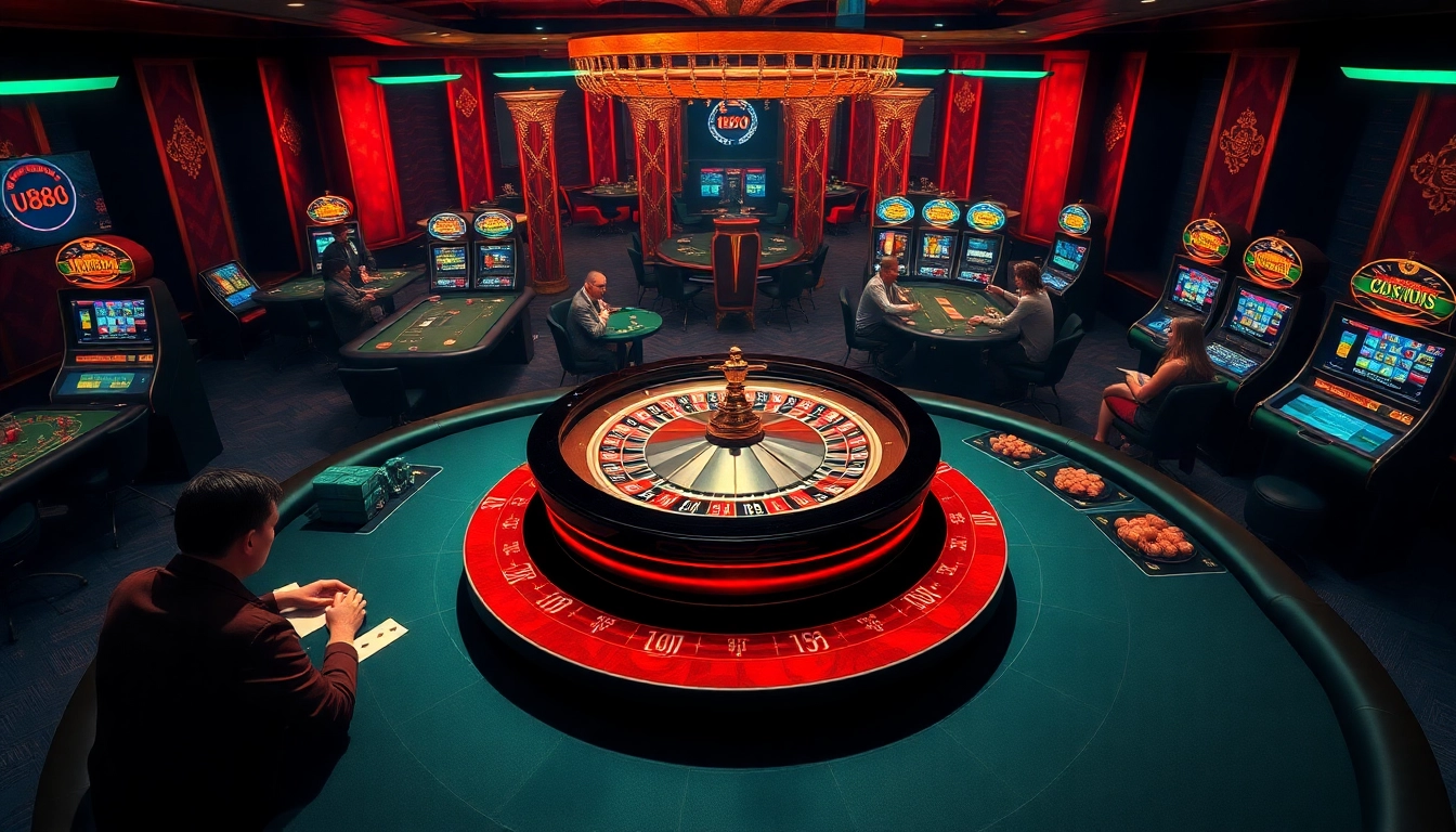 Experience the thrill of Trang chủ U888 with an exciting online casino atmosphere featuring roulette tables and slot machines.