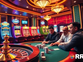 Engaging scene of RR88 online casino with players at a poker table, showcasing excitement and luxury.