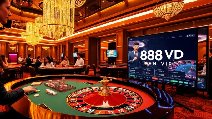Place your bets at the exclusive 888VND VIP casino, featuring a vibrant roulette table and engaging players.