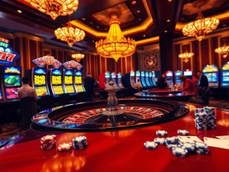 A vibrant casino scene with players enjoying 77ball net games featuring roulette, poker, and slot machines.
