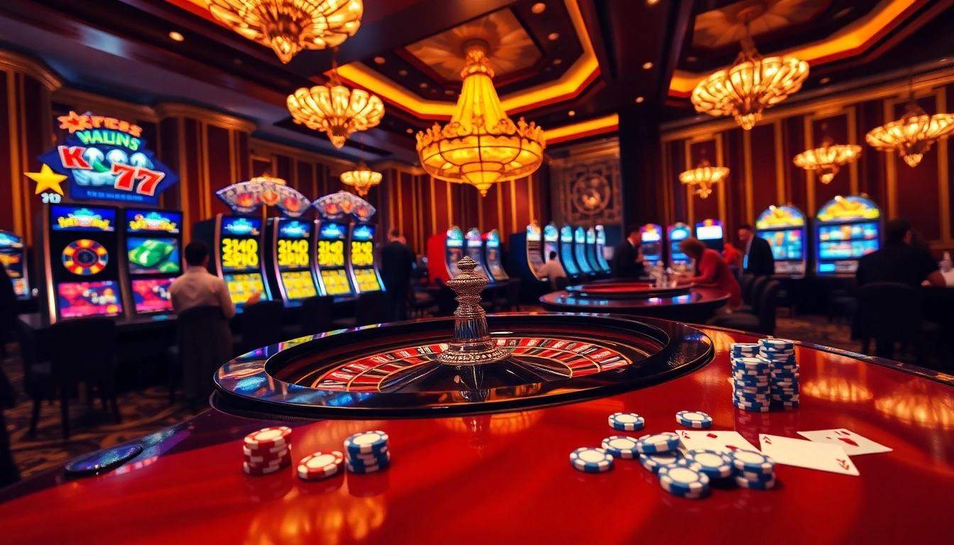 A vibrant casino scene with players enjoying 77ball net games featuring roulette, poker, and slot machines.
