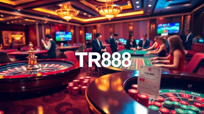 Experience the thrill of TR88 gaming with vibrant casino scenes featuring table games and excited players.