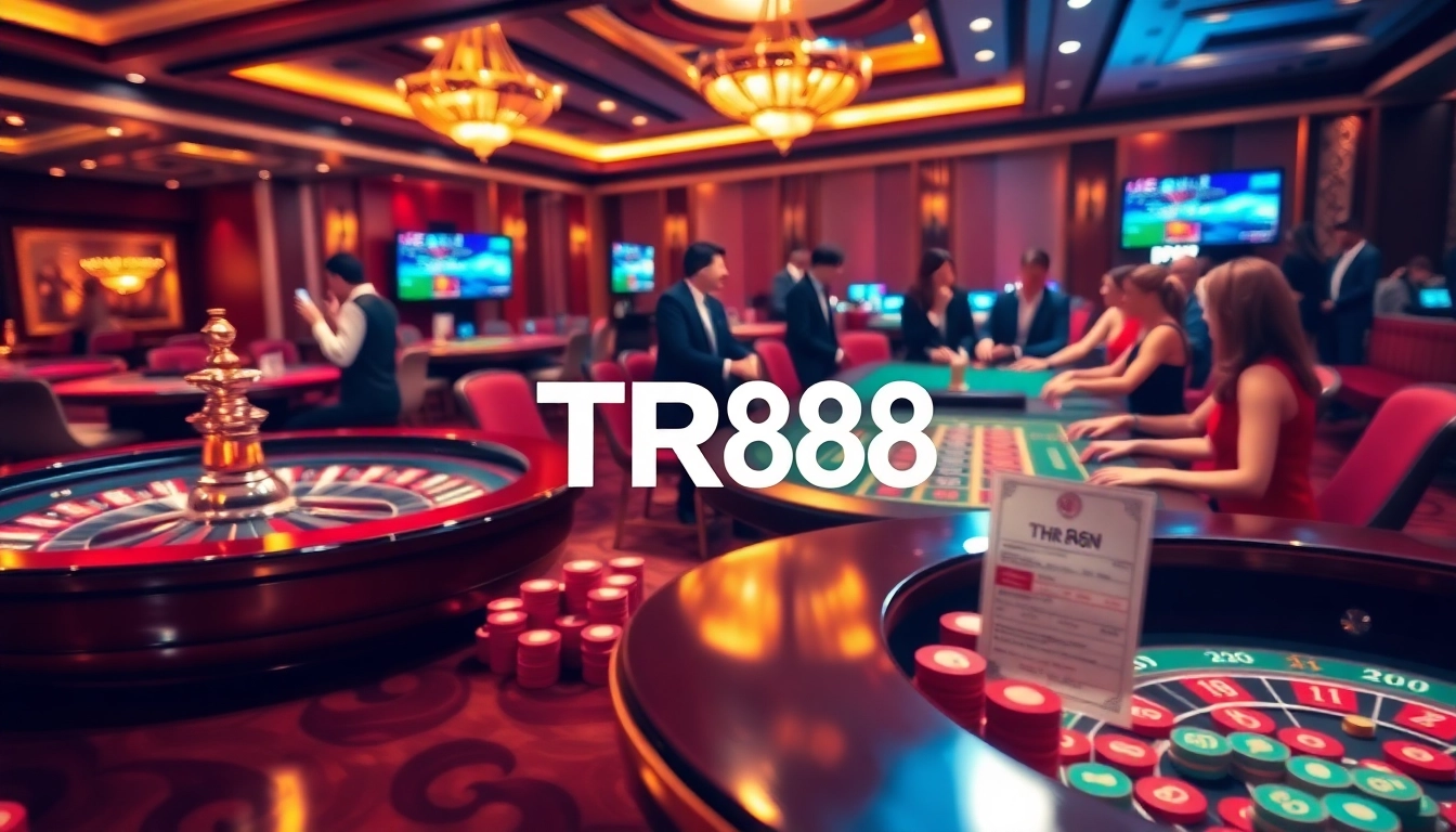 Experience the thrill of TR88 gaming with vibrant casino scenes featuring table games and excited players.