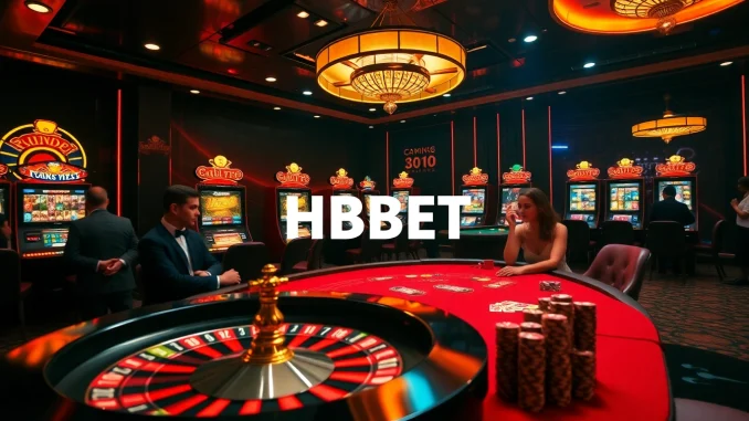 Experience the luxury of HBBET with engaging players at an elegant roulette table in a vibrant casino scene.