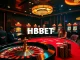 Experience the luxury of HBBET with engaging players at an elegant roulette table in a vibrant casino scene.