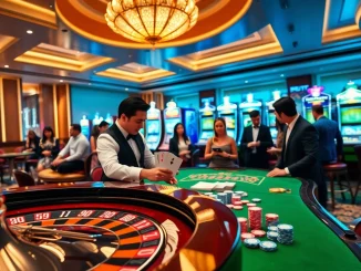FEBET’s exciting gaming atmosphere highlights professional dealers and vibrant casino games with diverse players.