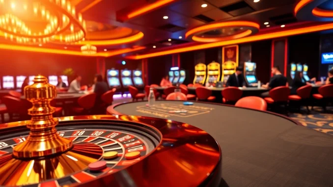 Exciting scene at pg88vip.it.com showcasing a vibrant casino atmosphere with roulette and poker tables.