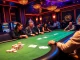 B8 poker table scene with players enjoying high-stakes strategy and luxurious casino ambiance.