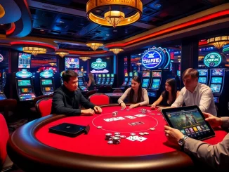 Experience high-stakes play at OKFUN casino with players immersed in poker and vibrant slot machines.
