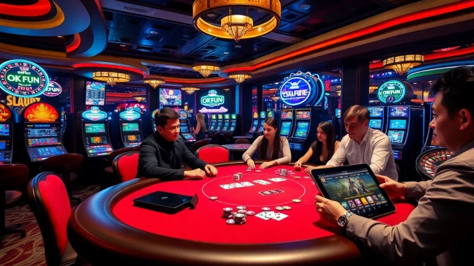 Experience high-stakes play at OKFUN casino with players immersed in poker and vibrant slot machines.
