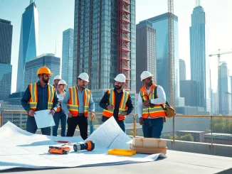 New York City Commercial General Contractor leading a team at a construction site focused on high-rise projects.
