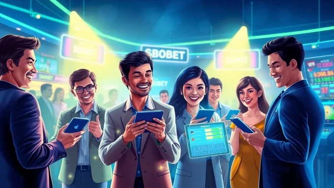 SBOBET online gaming experience with diverse players enjoying poker, slots, and sports betting.