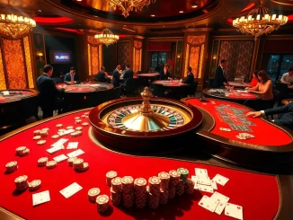 Gamblers enjoying a high-stakes game at SCLUB88 COM casino, showcasing vibrant poker tables and luxurious ambiance.