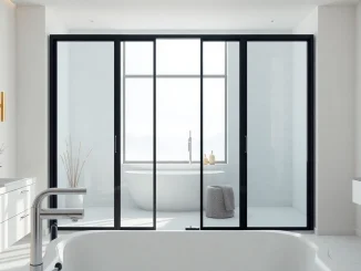 Showcase of stylish black frame shower doors in a modern bathroom setting.