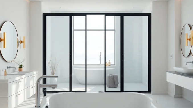 Showcase of stylish black frame shower doors in a modern bathroom setting.