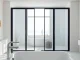Showcase of stylish black frame shower doors in a modern bathroom setting.
