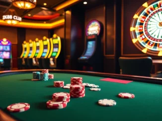 ZK88 Club poker table with chips and cards in a luxurious casino setting.