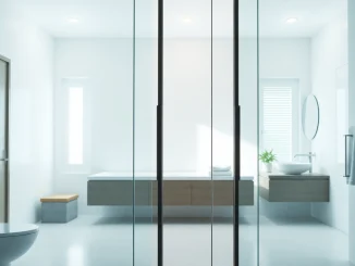 Elegant shower doors sliding open in a modern bathroom, highlighting luxury and design.