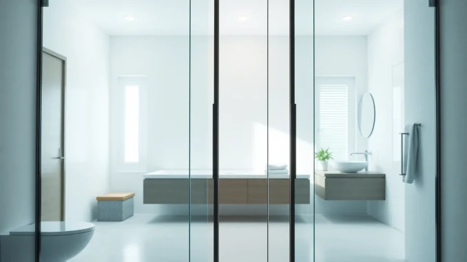 Elegant shower doors sliding open in a modern bathroom, highlighting luxury and design.