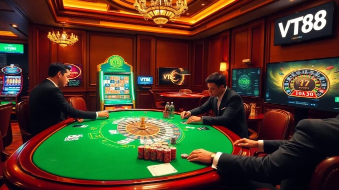Experience the thrill of poker at VT88 casino with vibrant tables and excited players.