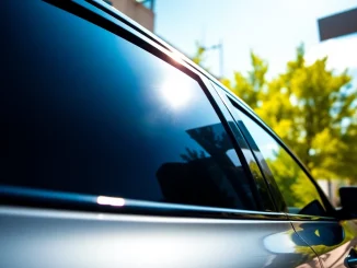 Highlighting best window tint Chattanooga TN with a sleek car in a vibrant city setting.