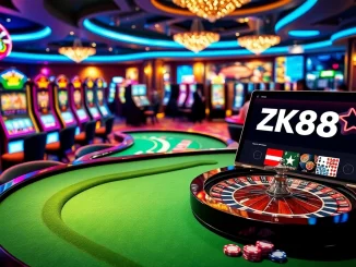Players enjoying high stakes at the ZK88 casino, featuring slot machines and roulette tables.