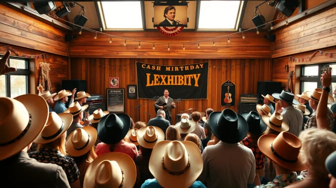 Exciting celebration scene at johnnycashbirthday.com featuring fans enjoying live music.