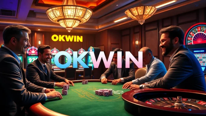 Players excitedly gambling at a luxurious OKWIN casino table, poker chips and cards in action.