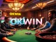 Players excitedly gambling at a luxurious OKWIN casino table, poker chips and cards in action.