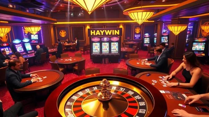 Experience the thrill of HAYWIN as players engage at vibrant casino tables with roulette and poker games.