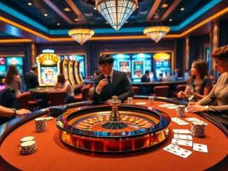 A stunning high-end casino scene showcasing the VIPWIN APP experience with poker chips and roulette tables.