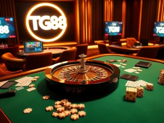 Experience TG88 excitement with a dynamic casino table filled with chips and cards.