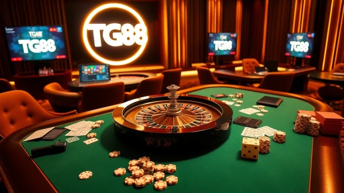 Experience TG88 excitement with a dynamic casino table filled with chips and cards.