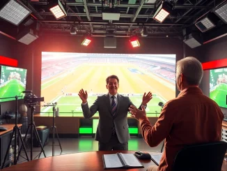 Engaging host in sports broadcasting studio showcasing live events and modern equipment.