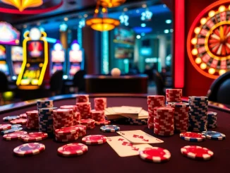 Exciting casino atmosphere featuring tr88 poker chips and roulette wheel in a luxurious setup.