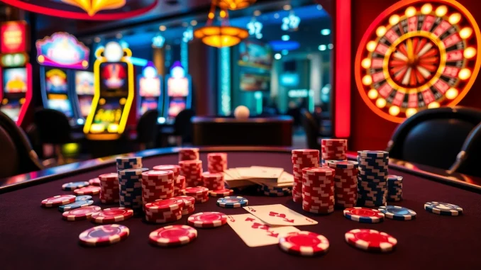 Exciting casino atmosphere featuring tr88 poker chips and roulette wheel in a luxurious setup.