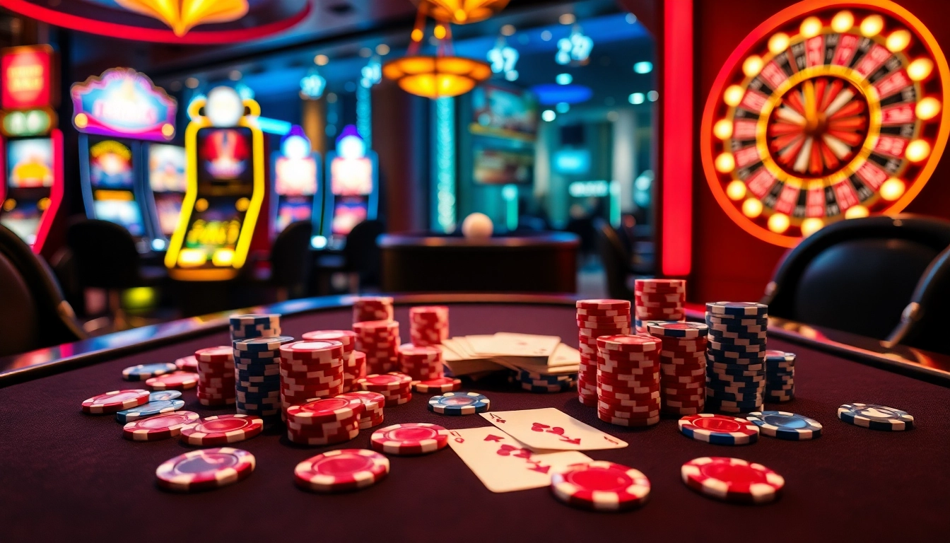 Exciting casino atmosphere featuring tr88 poker chips and roulette wheel in a luxurious setup.