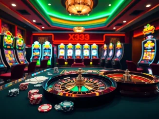 X333 casino scene featuring poker chips and a roulette wheel, enhancing the online gaming experience.