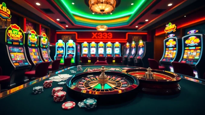 X333 casino scene featuring poker chips and a roulette wheel, enhancing the online gaming experience.